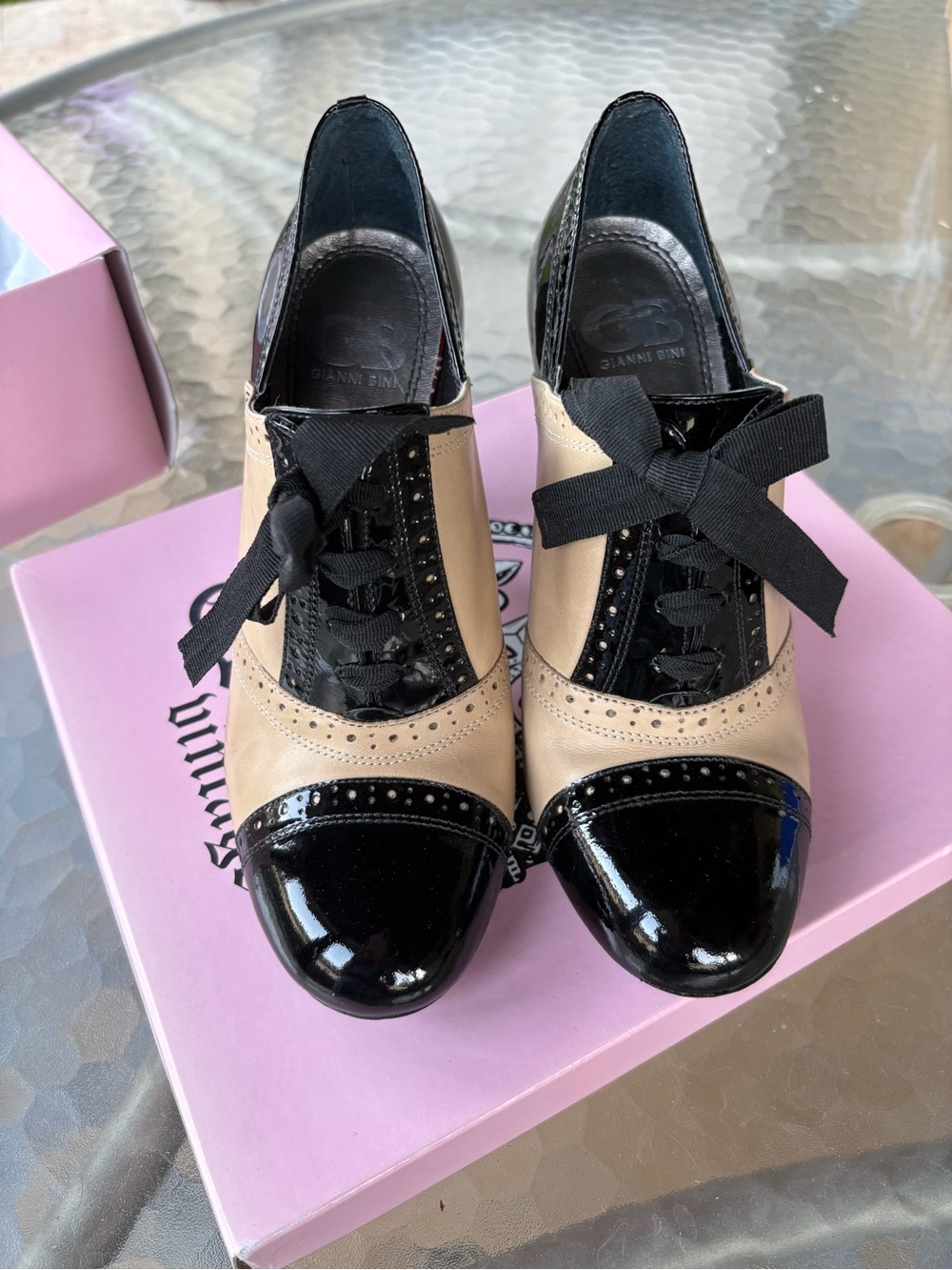 Gianni Bini Black and Beige Lace-Up Cap-Toe Heels